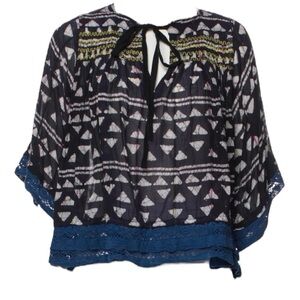 WARM Brand / Black Blue wmbroider ikat tie neck blouse m / l